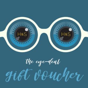 graphic of Hooson and Stuttard advertising gift voucher with logo appearing as eyes in a white pair of glasses