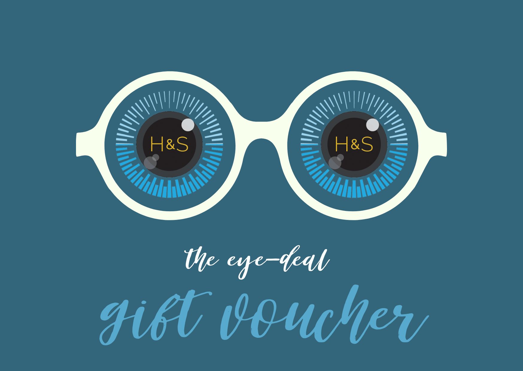 graphic of Hooson and Stuttard advertising gift voucher with logo appearing as eyes in a white pair of glasses